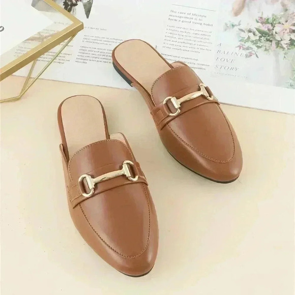 Brown Elegant Women's Metal Decor Flat Mules - Picture 4 of 8